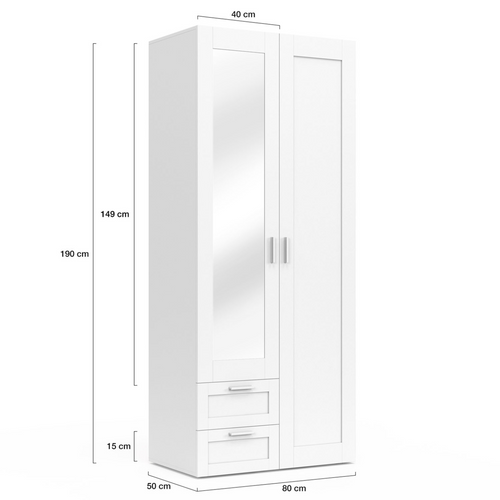 Armoire 2 Portes Vito Blanc Penderie 80 Cm Avec 2 Tiroirs, Miroir Et Étagères
