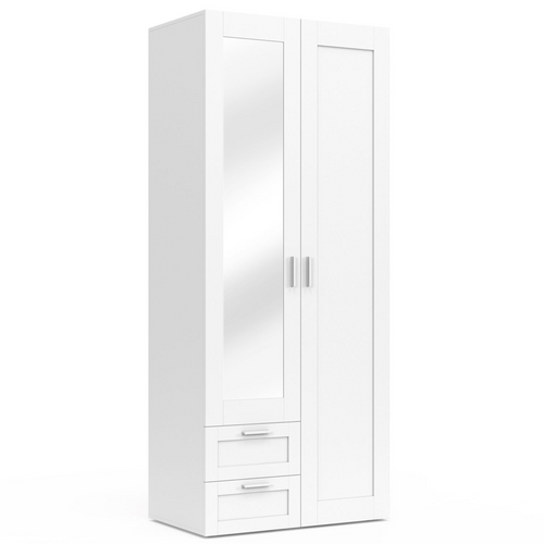 Armoire 2 Portes Vito Blanc Penderie 80 Cm Avec 2 Tiroirs, Miroir Et Étagères