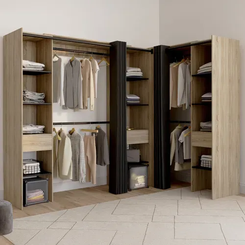 Dressing Extensible D'angle Marlon 230 X 140 X 180 Cm Hêtre Avec Penderies + étagères + Rideaux Noir