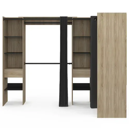 Dressing Extensible D'angle Marlon 230 X 140 X 180 Cm Hêtre Avec Penderies + étagères + Rideaux Noir