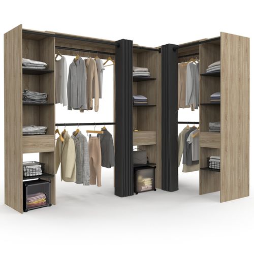Dressing Extensible D'angle Marlon 230 X 140 X 180 Cm Hêtre Avec Penderies + étagères + Rideaux Noir