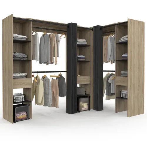 Dressing Extensible D'angle Marlon 230 X 140 X 180 Cm Hêtre Avec Penderies + étagères + Rideaux Noir