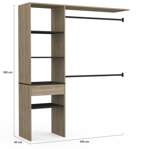 Kit Dressing Meline 160 X 40 X 180 Cm Hêtre Avec étagères Noires + Tiroir + Double Penderie