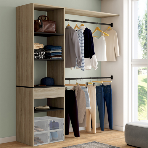 Kit Dressing Meline 160 X 40 X 180 Cm Hêtre Avec étagères Noires + Tiroir + Double Penderie