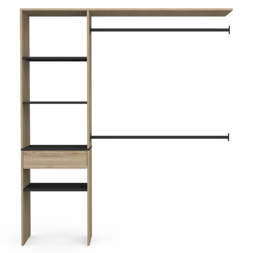 Kit Dressing Meline 160 X 40 X 180 Cm Hêtre Avec étagères Noires + Tiroir + Double Penderie