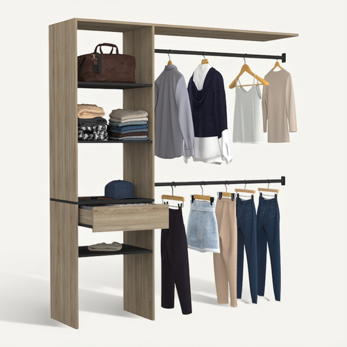 Kit Dressing Meline 160 X 40 X 180 Cm Hêtre Avec étagères Noires + Tiroir + Double Penderie