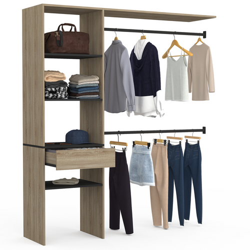 Kit Dressing Meline 160 X 40 X 180 Cm Hêtre Avec étagères Noires + Tiroir + Double Penderie