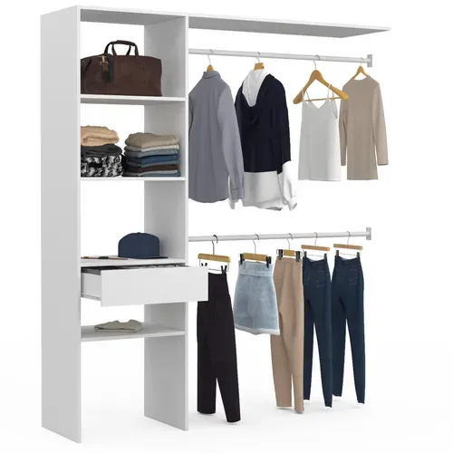 Kit Dressing Meline 160 X 40 X 180 Cm Blanc Avec étagères + Tiroir + Double Penderie