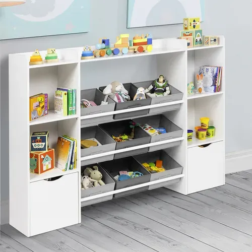 Meuble De Rangement Enfant Mana 7 étagères, 9 Bacs En Tissu Et 2 Cubes Sur Roulettes Blanc
