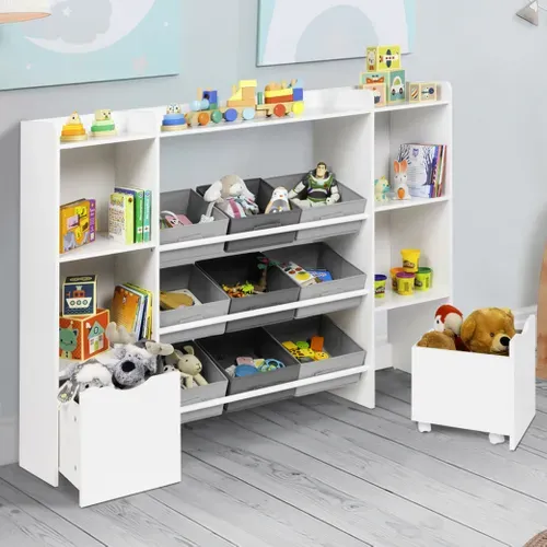 Meuble De Rangement Enfant Mana 7 étagères, 9 Bacs En Tissu Et 2 Cubes Sur Roulettes Blanc