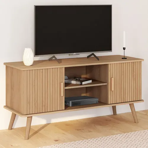 Meuble TV 110 Cm Juliette 2 Portes Lattes Tasseau Bois Coloris Chêne