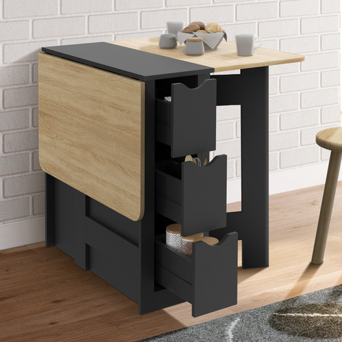 Table Console Pliable Edi 2-4 Personnes Avec 3 Tiroirs Noirs Plateau Façon Hêtre 103 X 76 Cm