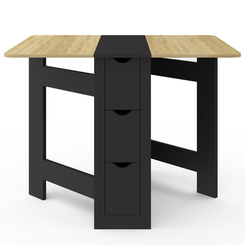 Table Console Pliable Edi 2-4 Personnes Avec 3 Tiroirs Noirs Plateau Façon Hêtre 103 X 76 Cm