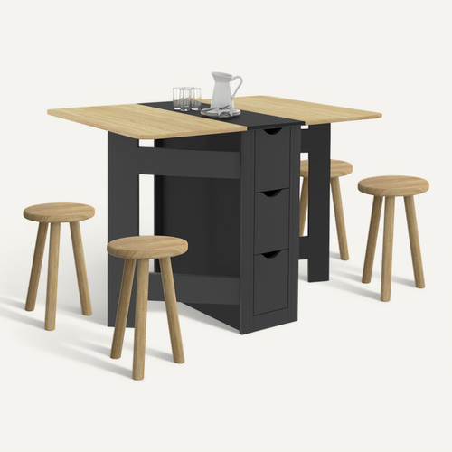 Table Console Pliable Edi 2-4 Personnes Avec 3 Tiroirs Noirs Plateau Façon Hêtre 103 X 76 Cm