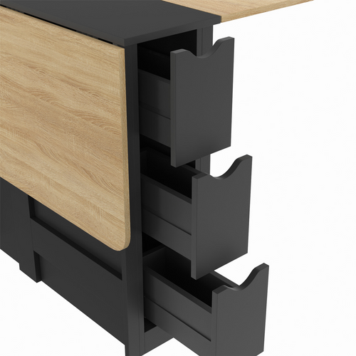 Table Console Pliable Edi 2-4 Personnes Avec 3 Tiroirs Noirs Plateau Façon Hêtre 103 X 76 Cm