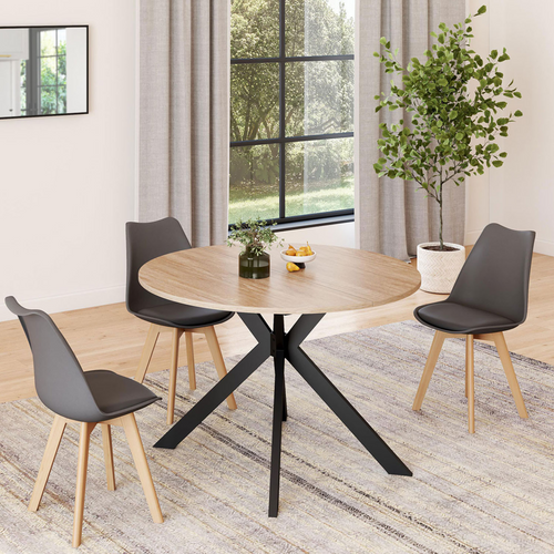 Table à Manger Extensible Ronde Alix 4-10 Personnes Pied Araignée Bois Et Noir 110 - 200 Cm