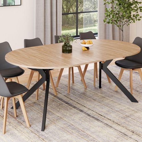 Table à Manger Extensible Ronde Alix 4-10 Personnes Pied Araignée Bois Et Noir 110 - 200 Cm