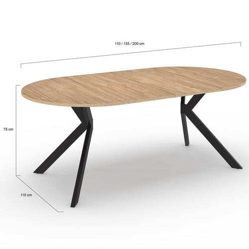 Table à Manger Extensible Ronde Alix 4-10 Personnes Pied Araignée Bois Et Noir 110 - 200 Cm