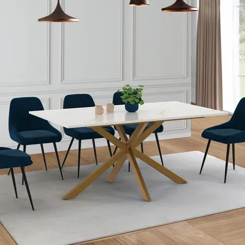 Table à Manger Rectangle Alix 8 Personnes Pied Araignée Laiton Et Plateau Effet Marbre Doré Alaska 1