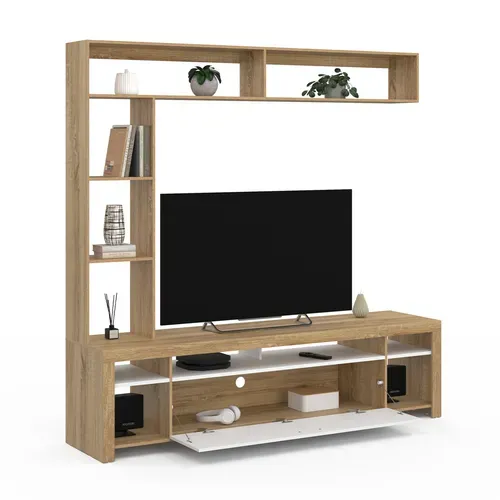 Ensemble Meuble TV Et étagères 170 Cm Malo Bois Et Placard Blanc