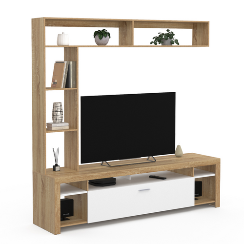 Ensemble Meuble TV Et étagères 170 Cm Malo Bois Et Placard Blanc