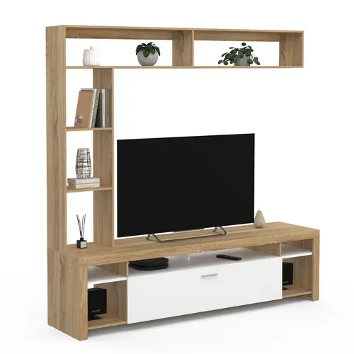 Ensemble Meuble TV Et étagères 170 Cm Malo Bois Et Placard Blanc