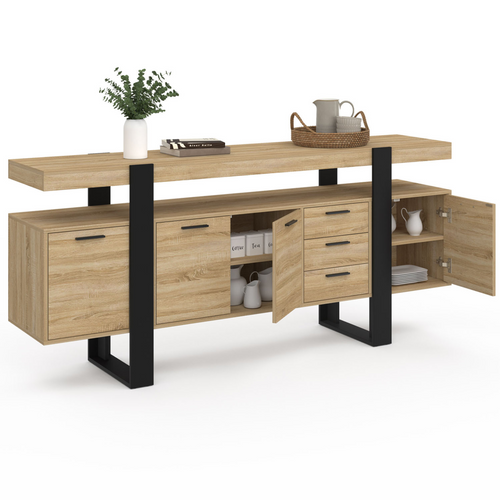 Buffet 180 Cm Phoenix XXL 4 Portes Avec 3 Tiroirs Bois Et Noir