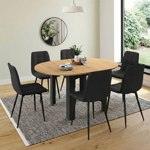 Ensemble Table à Manger Extensible Ronde Dona Noire Plateau Façon Hêtre 110 - 150 Cm Et 6 Chaises