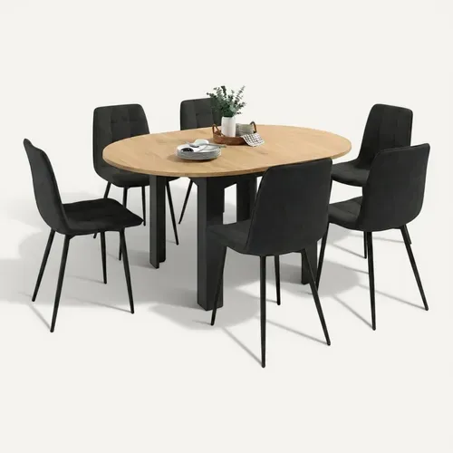 Ensemble Table à Manger Extensible Ronde Dona Noire Plateau Façon Hêtre 110 - 150 Cm Et 6 Chaises