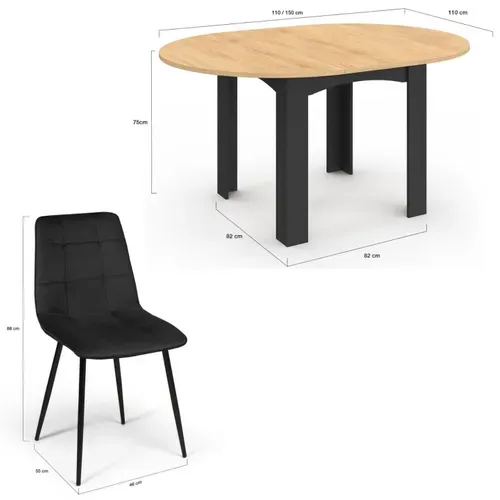 Ensemble Table à Manger Extensible Ronde Dona Noire Plateau Façon Hêtre 110 - 150 Cm Et 6 Chaises