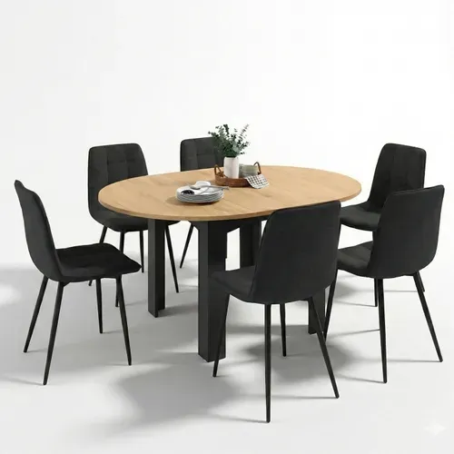 Ensemble Table à Manger Extensible Ronde Dona Noire Plateau Façon Hêtre 110 - 150 Cm Et 6 Chaises