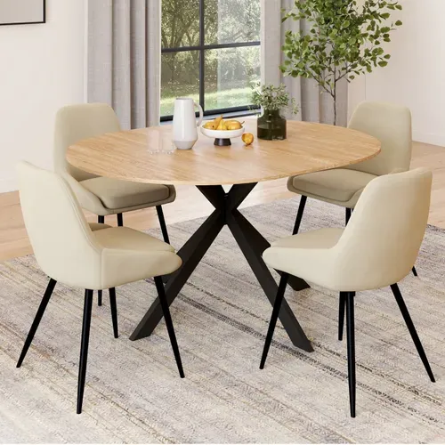 Ensemble Table À Manger Extensible Ronde Alix Bois Et Noir 110-150 Cm Et 4 Chaises Thalya Velours Be