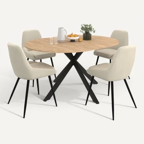 Ensemble Table À Manger Extensible Ronde Alix Bois Et Noir 110-150 Cm Et 4 Chaises Thalya Velours Be