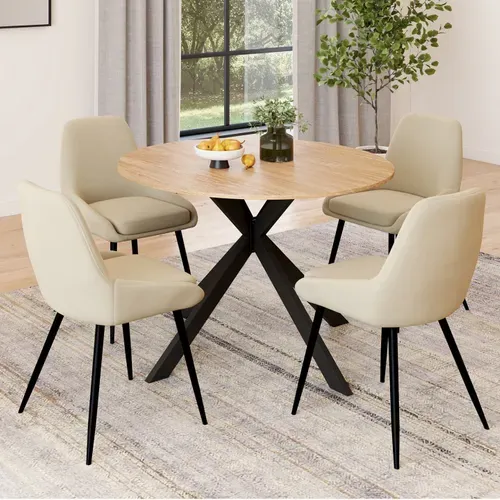 Ensemble Table À Manger Extensible Ronde Alix Bois Et Noir 110-150 Cm Et 4 Chaises Thalya Velours Be