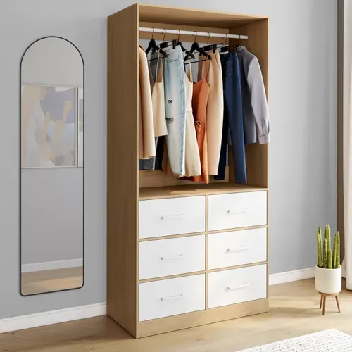 Dressing Penderie L. 80 Cm Uppah Avec 6 Tiroirs Bois Façon Hêtre Et Blanc