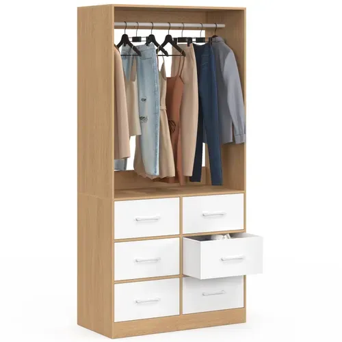 Dressing Penderie L. 80 Cm Uppah Avec 6 Tiroirs Bois Façon Hêtre Et Blanc