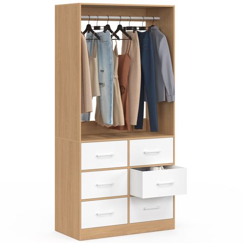 Dressing Penderie L. 80 Cm Uppah Avec 6 Tiroirs Bois Façon Hêtre Et Blanc