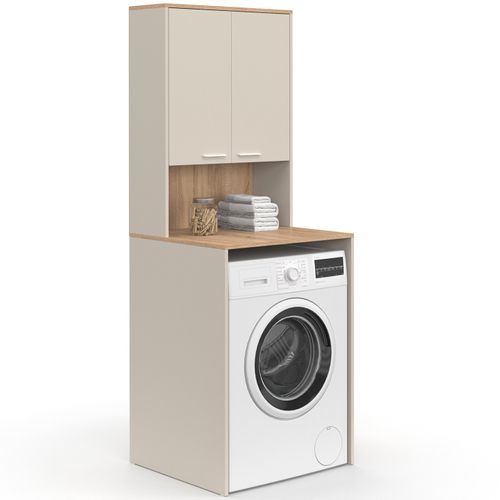 Meuble Dessus De Machine à Laver Wallis Avec Placard Beige Et Bois Façon Hêtre