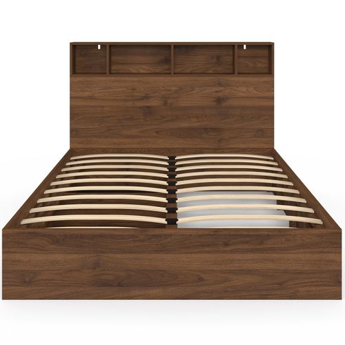 Lit Double Clem Avec Rangements + Tête De Lit Et Sommier 140 X 190 Cm Effet Noyer
