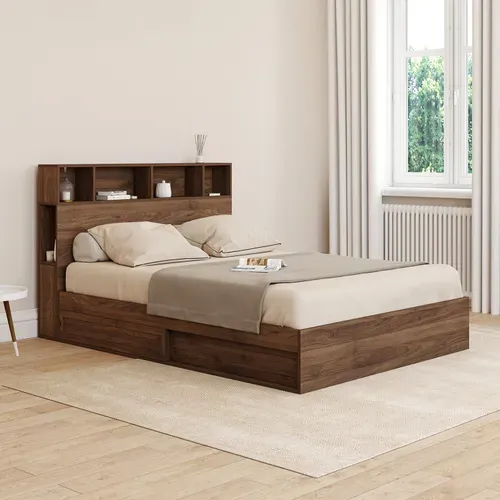 Lit Double Clem Avec Rangements + Tête De Lit Et Sommier 140 X 190 Cm Effet Noyer