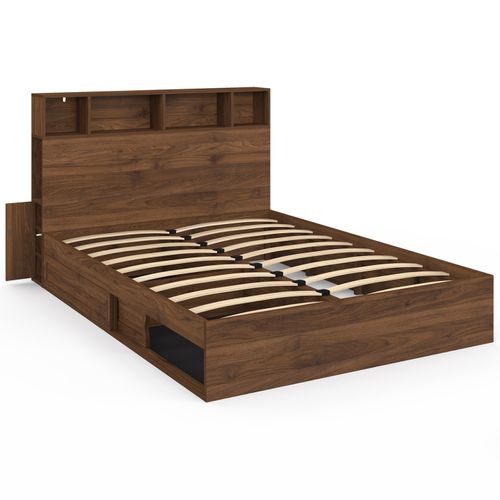 Lit Double Clem Avec Rangements + Tête De Lit Et Sommier 140 X 190 Cm Effet Noyer