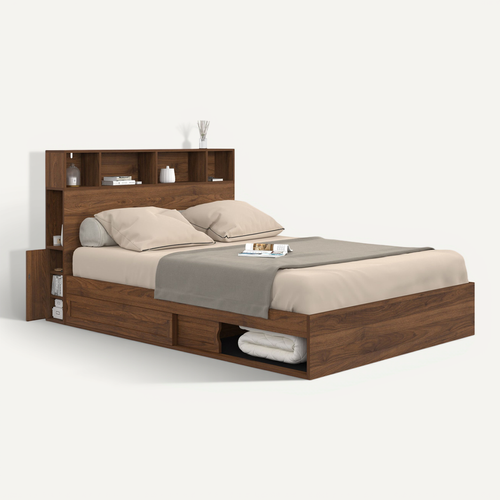 Lit Double Clem Avec Rangements + Tête De Lit Et Sommier 140 X 190 Cm Effet Noyer