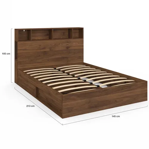 Lit Double Clem Avec Rangements + Tête De Lit Et Sommier 140 X 190 Cm Effet Noyer