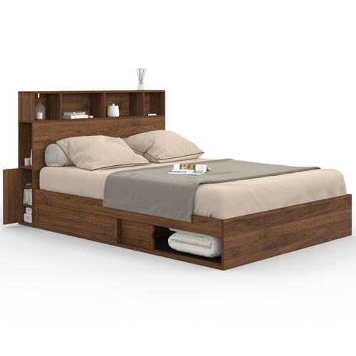 Lit Double Clem Avec Rangements + Tête De Lit Et Sommier 140 X 190 Cm Effet Noyer