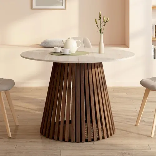 Table à Manger Extensible Ronde Carmen 4-10 Personnes Pied Noyer En Lattes Et Plateau Effet Traverti