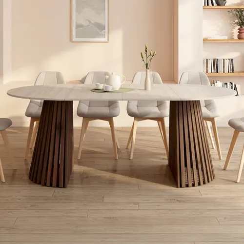 Table à Manger Extensible Ronde Carmen 4-10 Personnes Pied Noyer En Lattes Et Plateau Effet Traverti