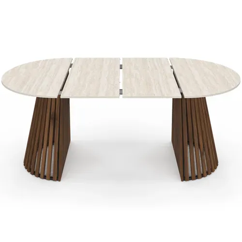 Table à Manger Extensible Ronde Carmen 4-10 Personnes Pied Noyer En Lattes Et Plateau Effet Traverti