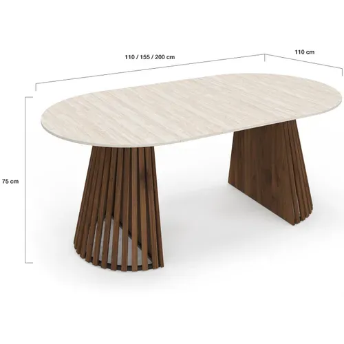 Table à Manger Extensible Ronde Carmen 4-10 Personnes Pied Noyer En Lattes Et Plateau Effet Traverti