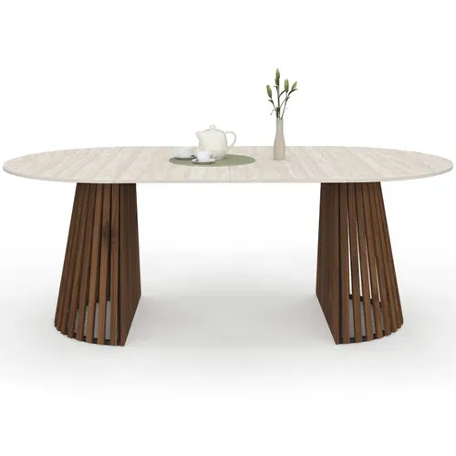 Table à Manger Extensible Ronde Carmen 4-10 Personnes Pied Noyer En Lattes Et Plateau Effet Traverti