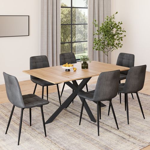 Ensemble Table à Manger Rectangle Alix 160 Cm Bois Et Noir Et 6 Chaises Mila En Velours Gris Foncé